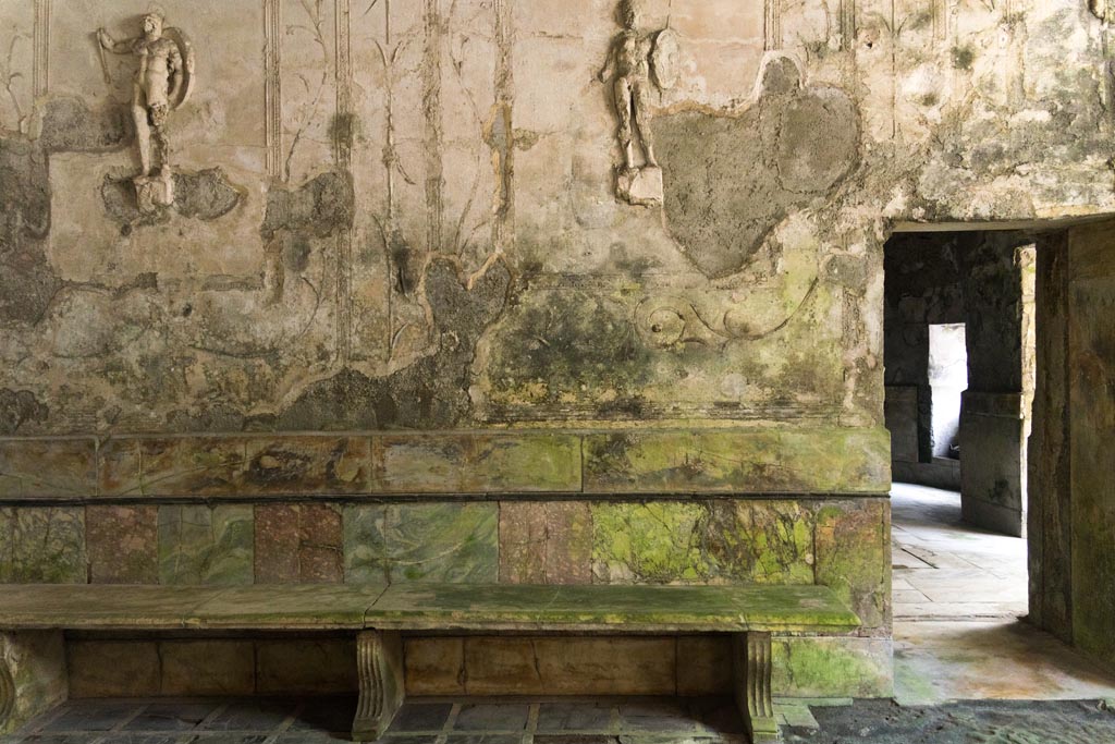 Herculaneum Suburban Baths. October 2023.
Tepidarium, east wall with doorway to the second caldarium, on right. Photo courtesy of Johannes Eber.